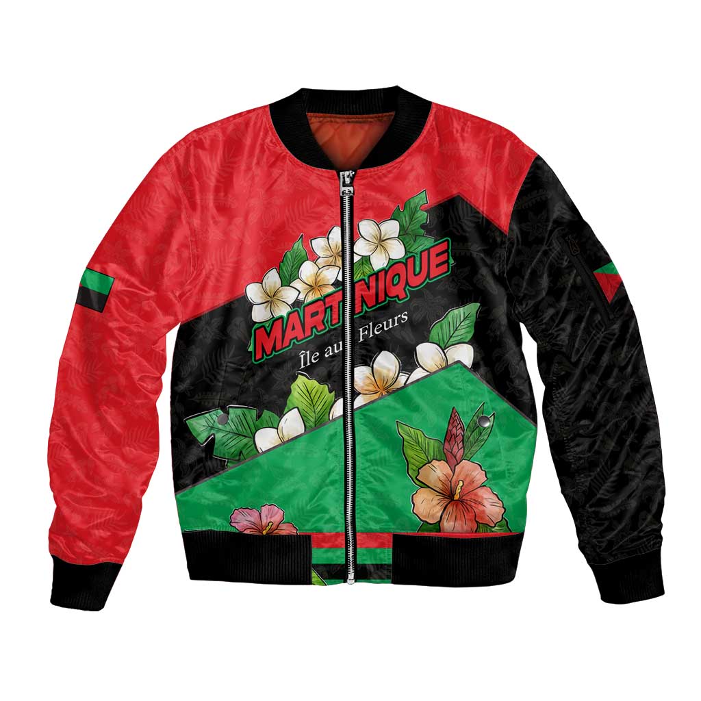 Martinique Island Pride Sleeve Zip Bomber Jacket Tropical Hibiscus and Plumeria Floral Flag Design