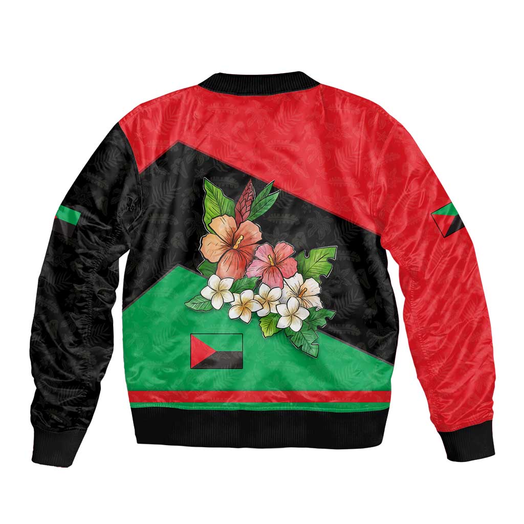 Martinique Island Pride Sleeve Zip Bomber Jacket Tropical Hibiscus and Plumeria Floral Flag Design