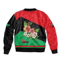 Martinique Island Pride Sleeve Zip Bomber Jacket Tropical Hibiscus and Plumeria Floral Flag Design