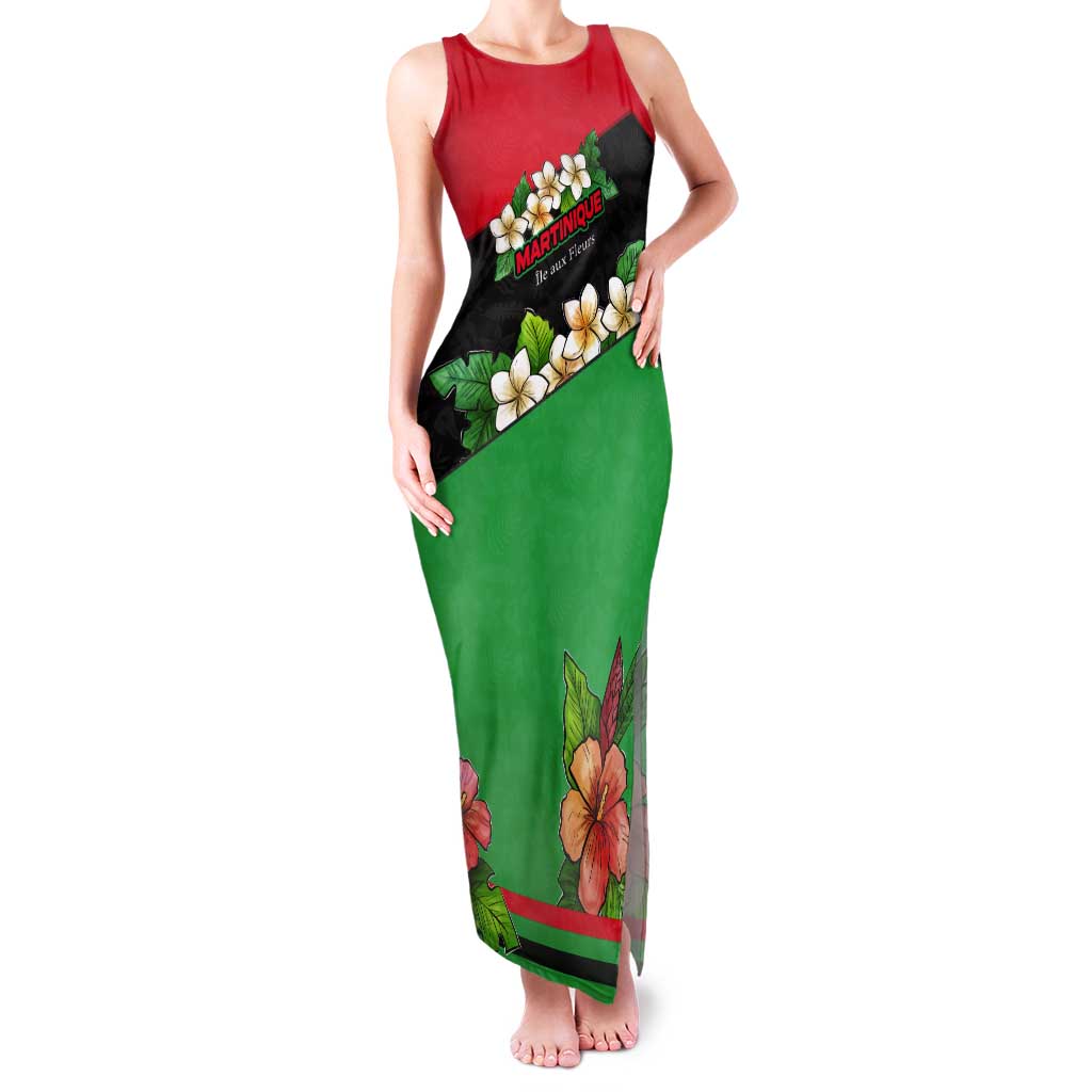Martinique Island Pride Tank Maxi Dress Tropical Hibiscus and Plumeria Floral Flag Design