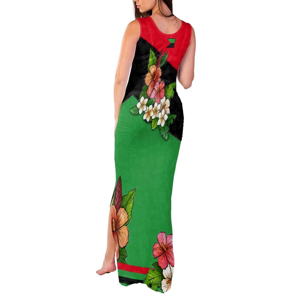 Martinique Island Pride Tank Maxi Dress Tropical Hibiscus and Plumeria Floral Flag Design