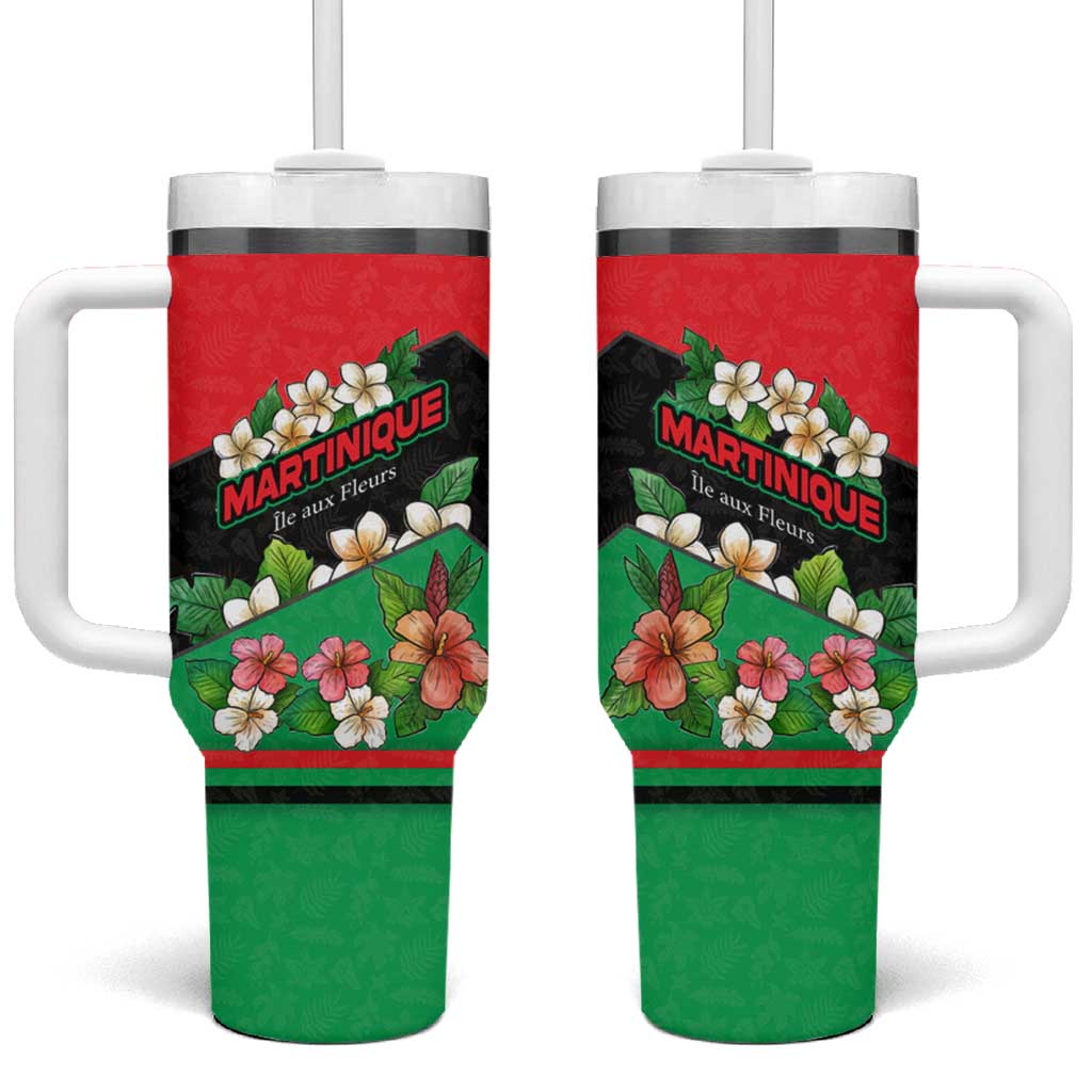 Martinique Island Pride Tumbler With Handle Tropical Hibiscus and Plumeria Floral Flag Design