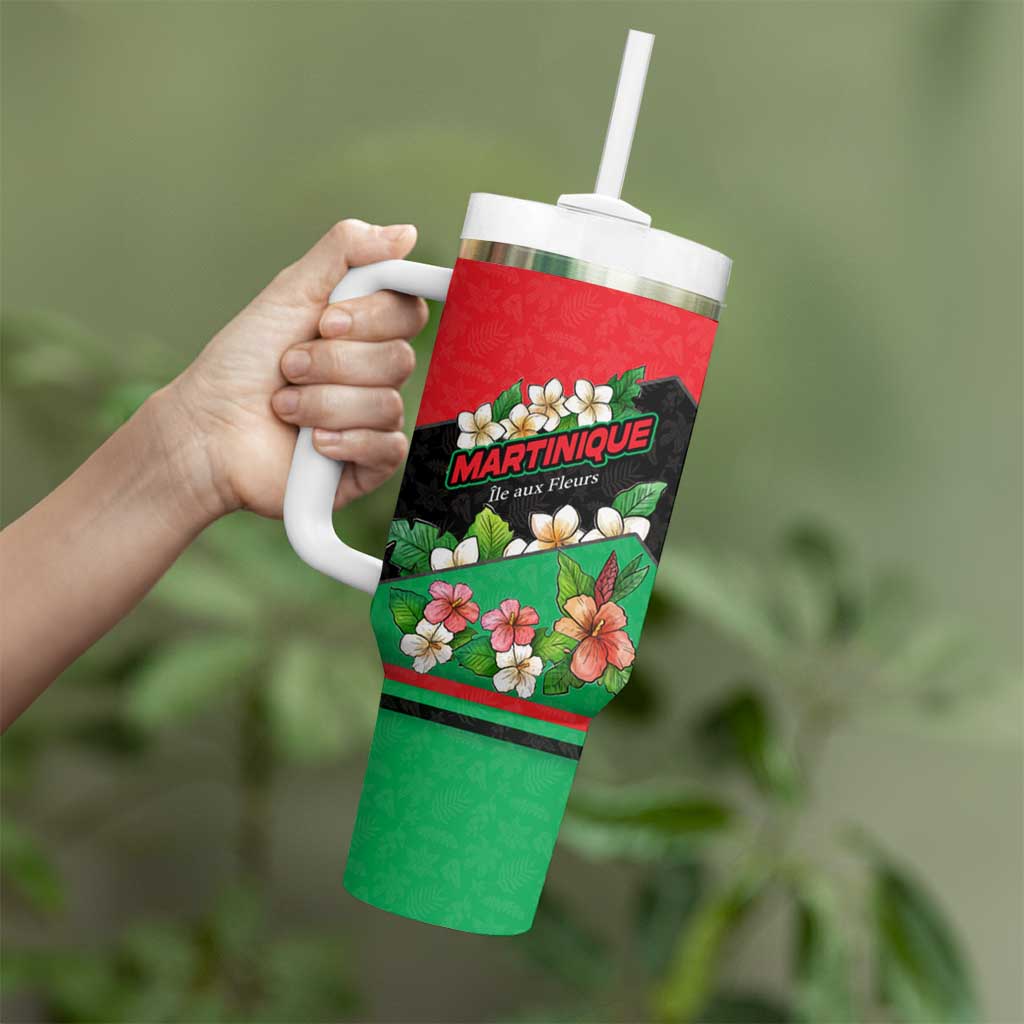 Martinique Island Pride Tumbler With Handle Tropical Hibiscus and Plumeria Floral Flag Design