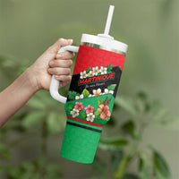 Martinique Island Pride Tumbler With Handle Tropical Hibiscus and Plumeria Floral Flag Design