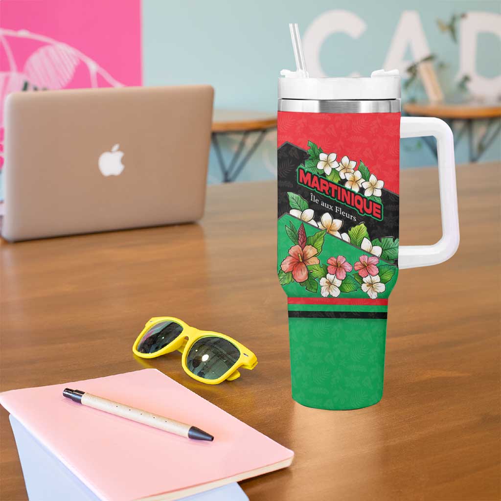 Martinique Island Pride Tumbler With Handle Tropical Hibiscus and Plumeria Floral Flag Design