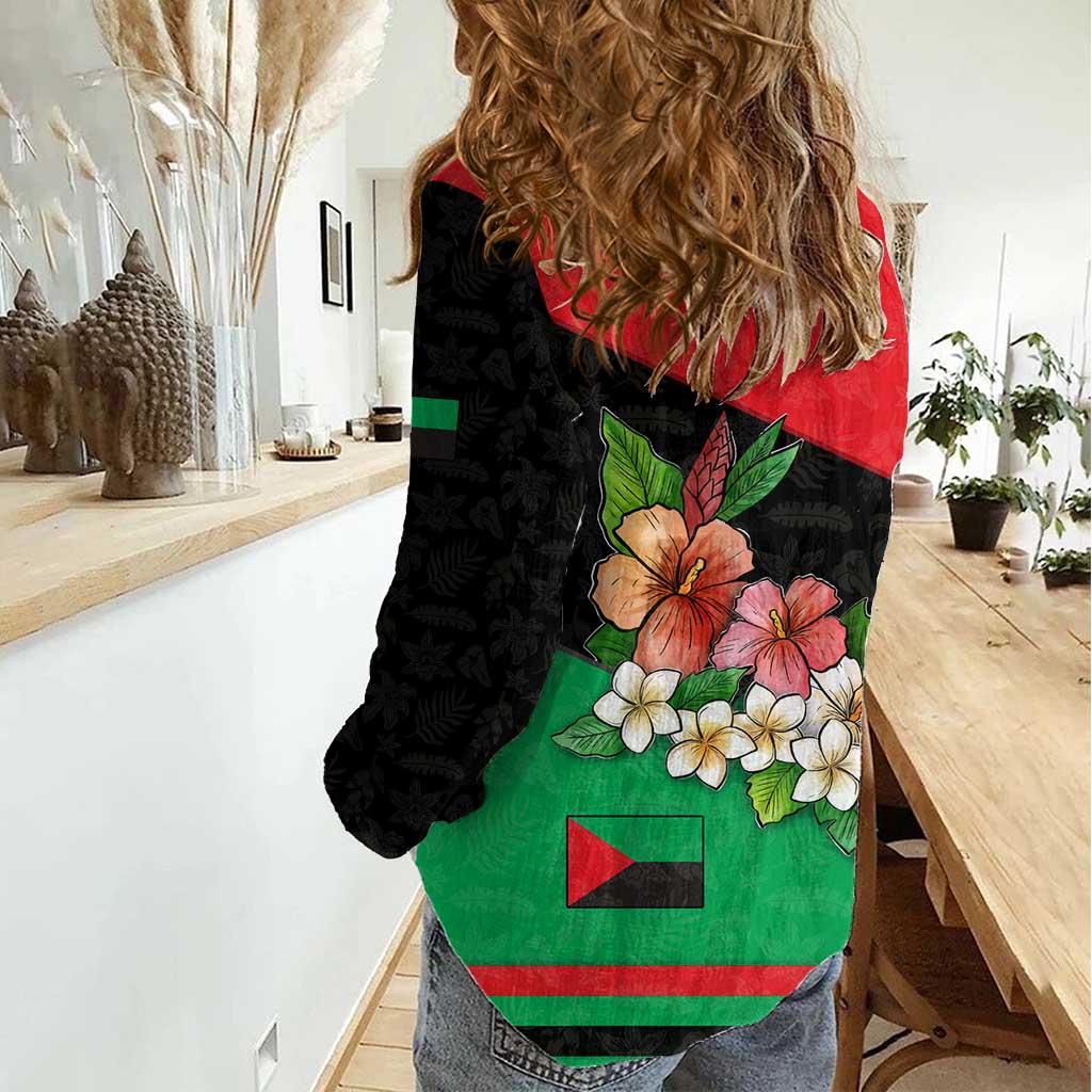 Martinique Island Pride Women Casual Shirt Tropical Hibiscus and Plumeria Floral Flag Design