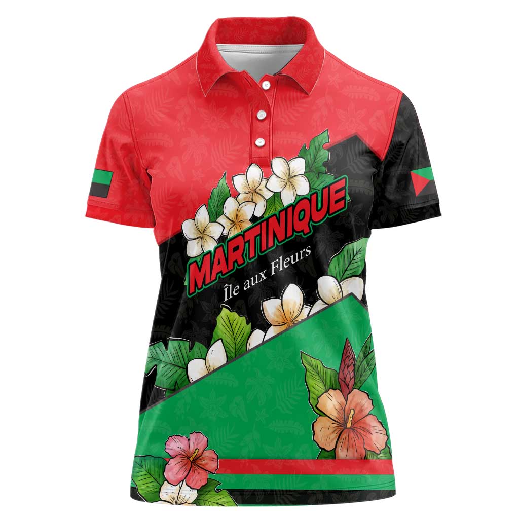 Martinique Island Pride Women Polo Shirt Tropical Hibiscus and Plumeria Floral Flag Design