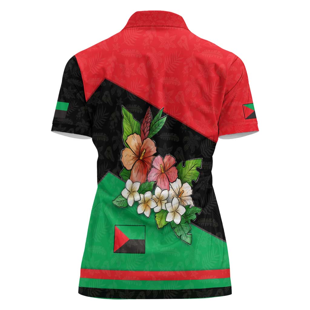 Martinique Island Pride Women Polo Shirt Tropical Hibiscus and Plumeria Floral Flag Design