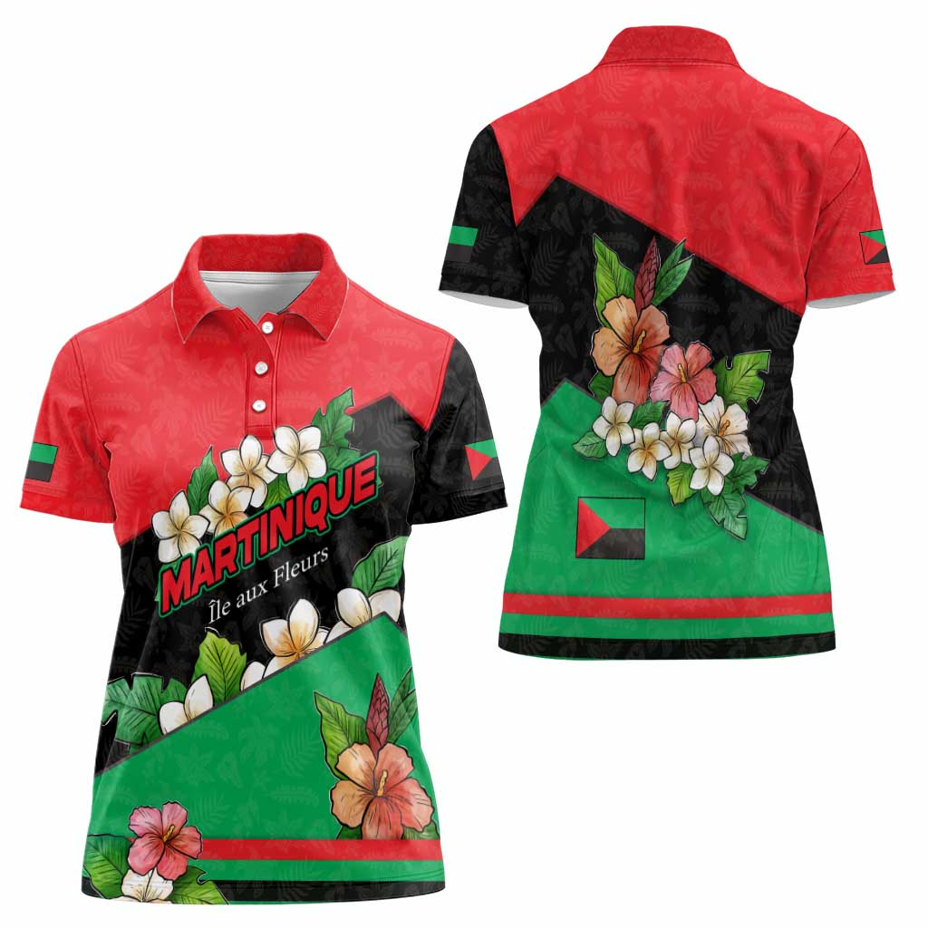 Martinique Island Pride Women Polo Shirt Tropical Hibiscus and Plumeria Floral Flag Design
