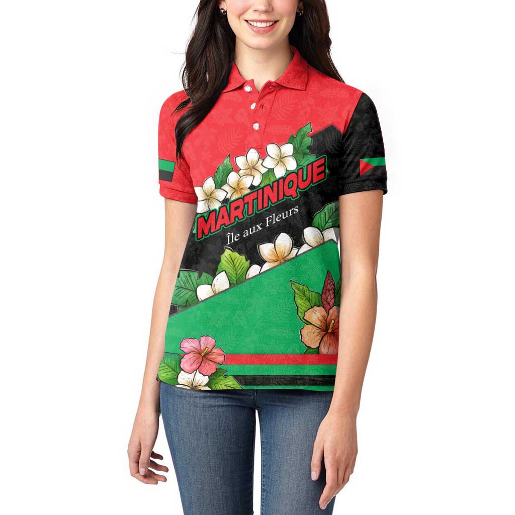 Martinique Island Pride Women Polo Shirt Tropical Hibiscus and Plumeria Floral Flag Design