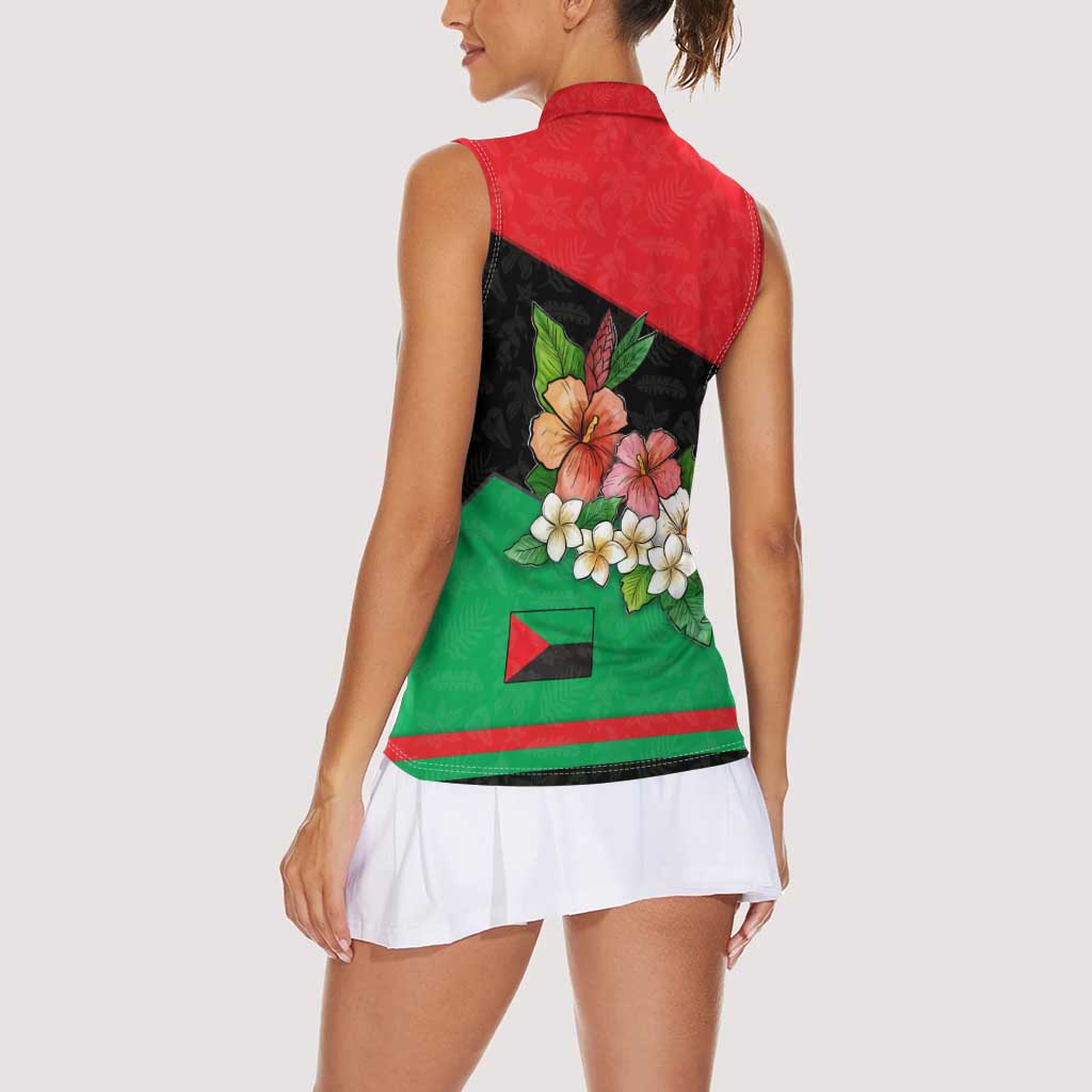 Martinique Island Pride Women Sleeveless Polo Shirt Tropical Hibiscus and Plumeria Floral Flag Design