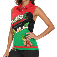 Martinique Island Pride Women Sleeveless Polo Shirt Tropical Hibiscus and Plumeria Floral Flag Design