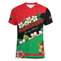 Martinique Island Pride Women V-Neck T-Shirt Tropical Hibiscus and Plumeria Floral Flag Design