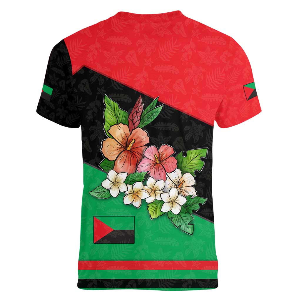 Martinique Island Pride Women V-Neck T-Shirt Tropical Hibiscus and Plumeria Floral Flag Design