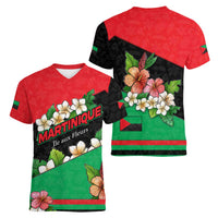 Martinique Island Pride Women V-Neck T-Shirt Tropical Hibiscus and Plumeria Floral Flag Design