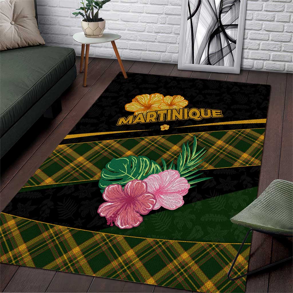 Martinique Heritage Area Rug Hibiscus Floral Design with Green and Yellow Madras Tartan