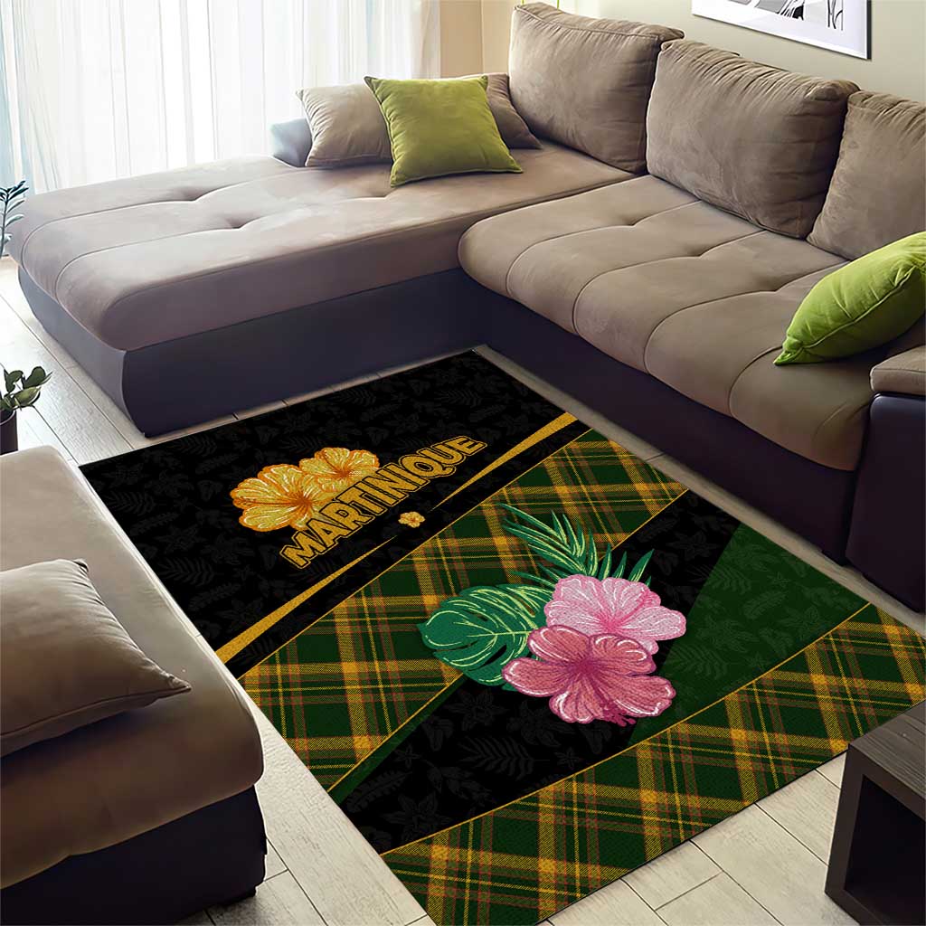 Martinique Heritage Area Rug Hibiscus Floral Design with Green and Yellow Madras Tartan