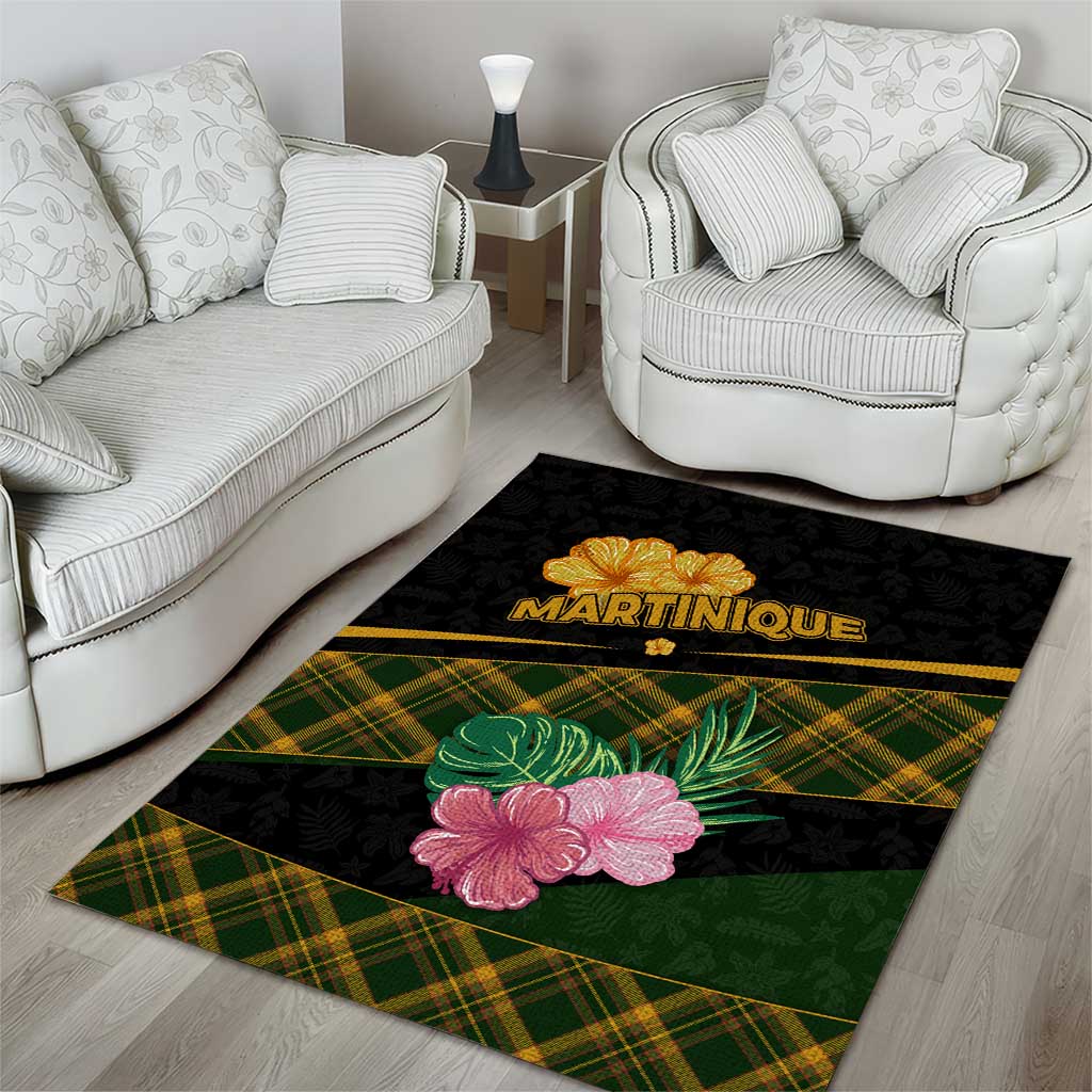 Martinique Heritage Area Rug Hibiscus Floral Design with Green and Yellow Madras Tartan