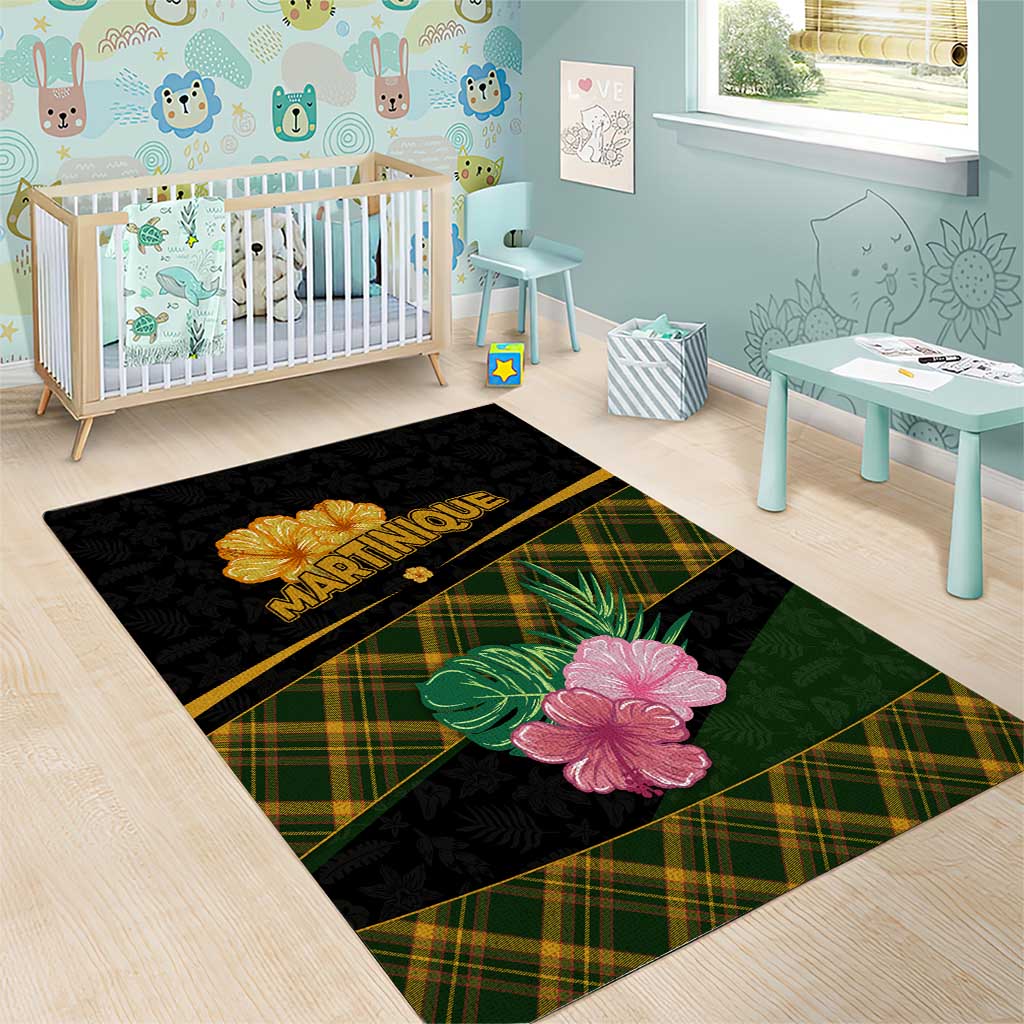 Martinique Heritage Area Rug Hibiscus Floral Design with Green and Yellow Madras Tartan