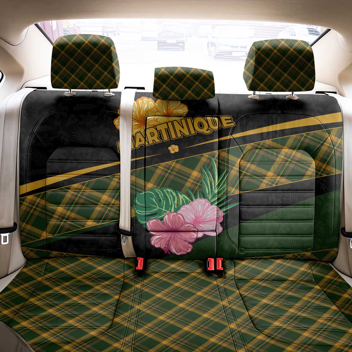 Martinique Heritage Back Car Seat Cover Hibiscus Floral Design with Green and Yellow Madras Tartan
