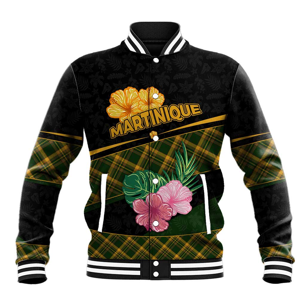 Martinique Heritage Baseball Jacket Hibiscus Floral Design with Green and Yellow Madras Tartan