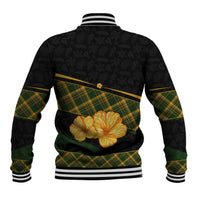 Martinique Heritage Baseball Jacket Hibiscus Floral Design with Green and Yellow Madras Tartan