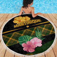 Martinique Heritage Beach Blanket Hibiscus Floral Design with Green and Yellow Madras Tartan