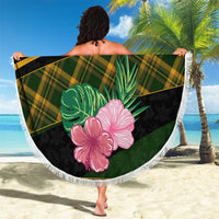 Martinique Heritage Beach Blanket Hibiscus Floral Design with Green and Yellow Madras Tartan
