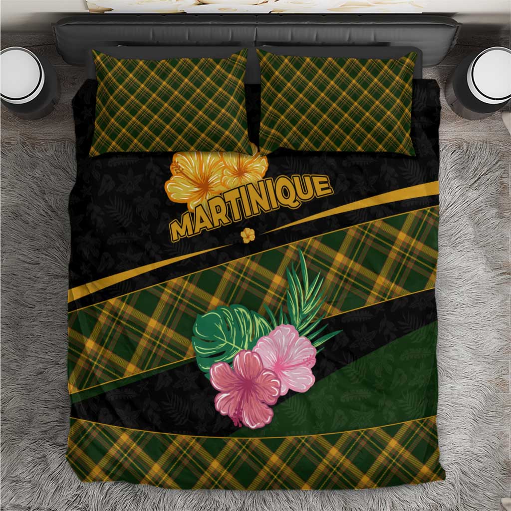 Martinique Heritage Bedding Set Hibiscus Floral Design with Green and Yellow Madras Tartan