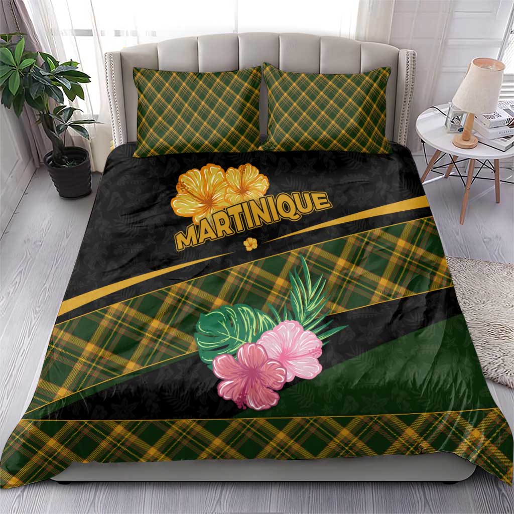 Martinique Heritage Bedding Set Hibiscus Floral Design with Green and Yellow Madras Tartan