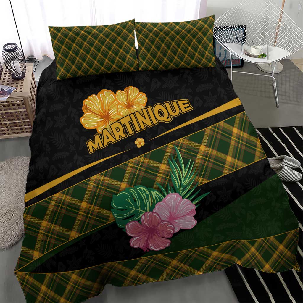 Martinique Heritage Bedding Set Hibiscus Floral Design with Green and Yellow Madras Tartan