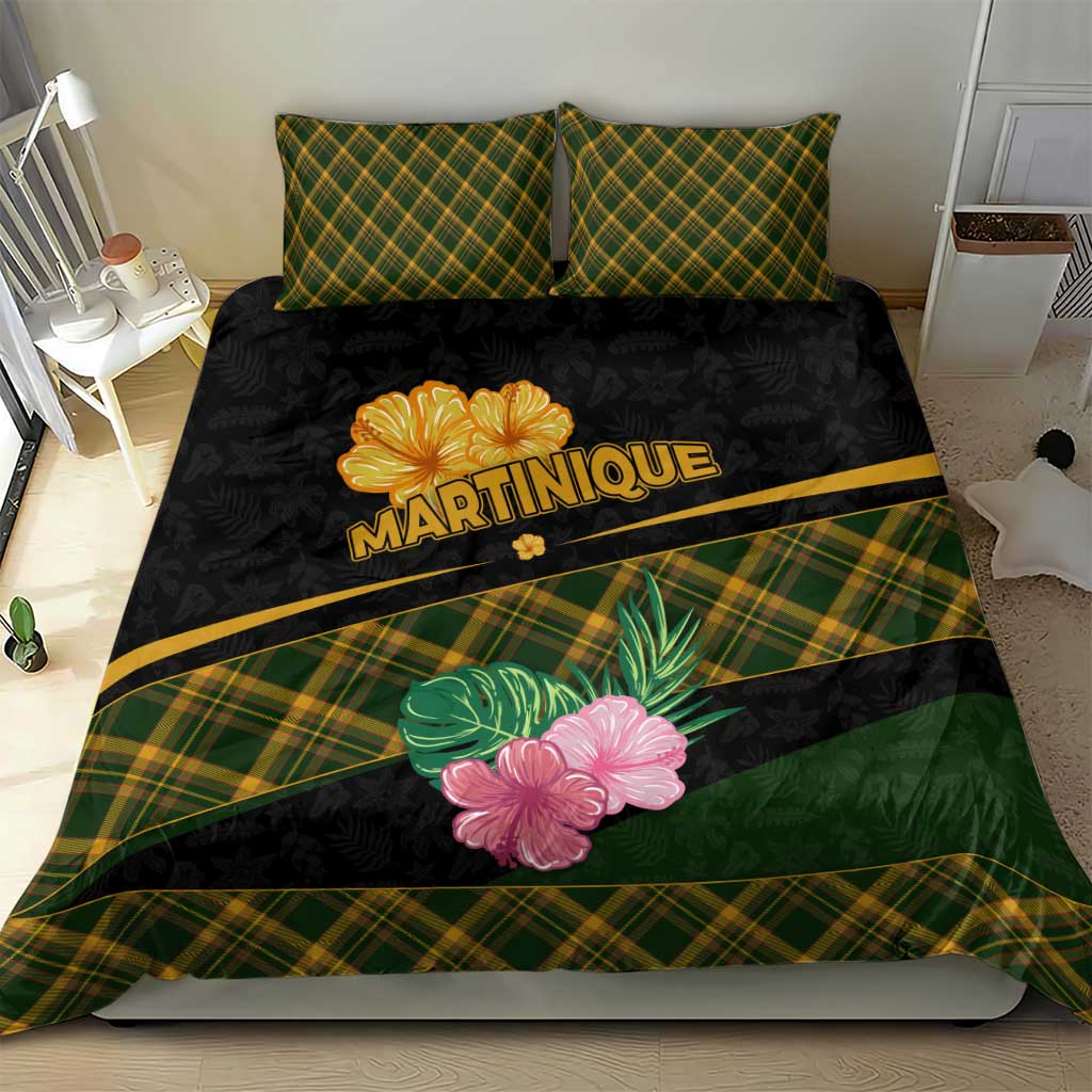 Martinique Heritage Bedding Set Hibiscus Floral Design with Green and Yellow Madras Tartan