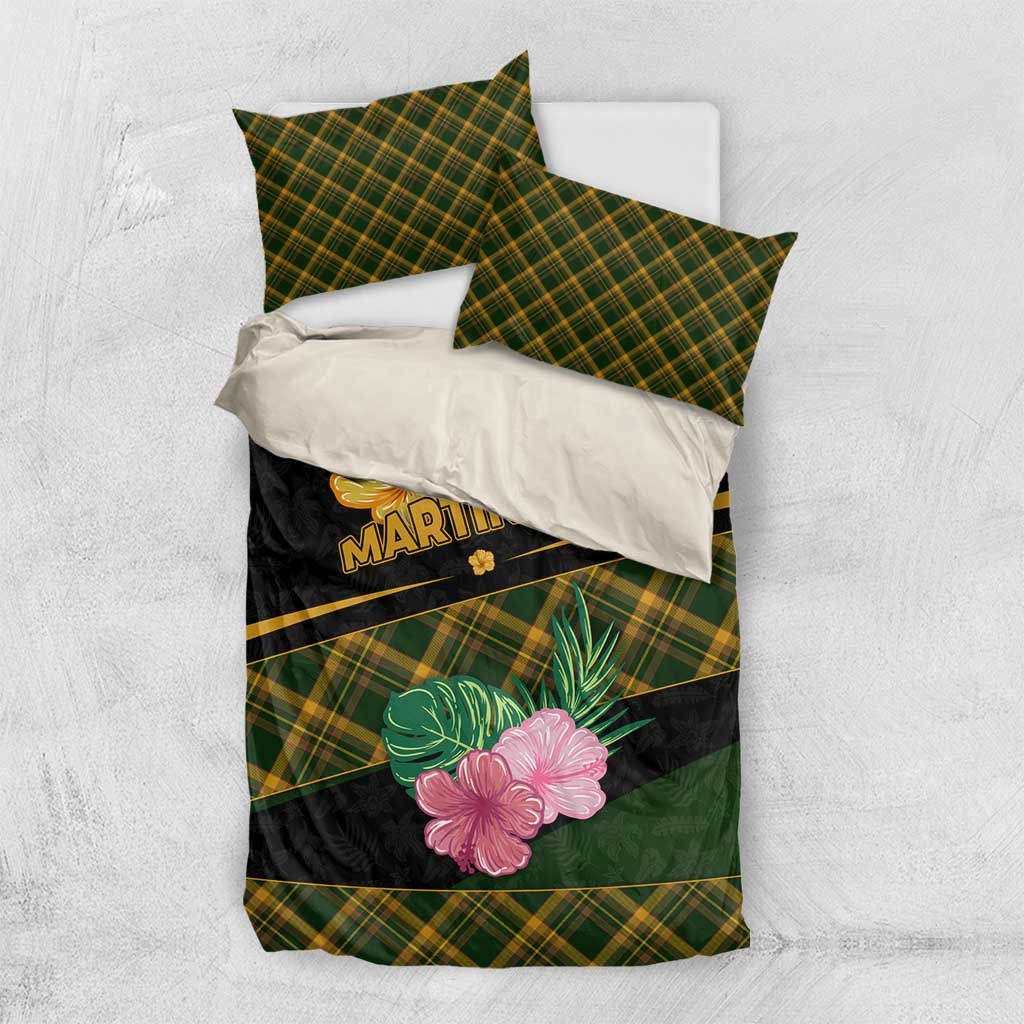 Martinique Heritage Bedding Set Hibiscus Floral Design with Green and Yellow Madras Tartan
