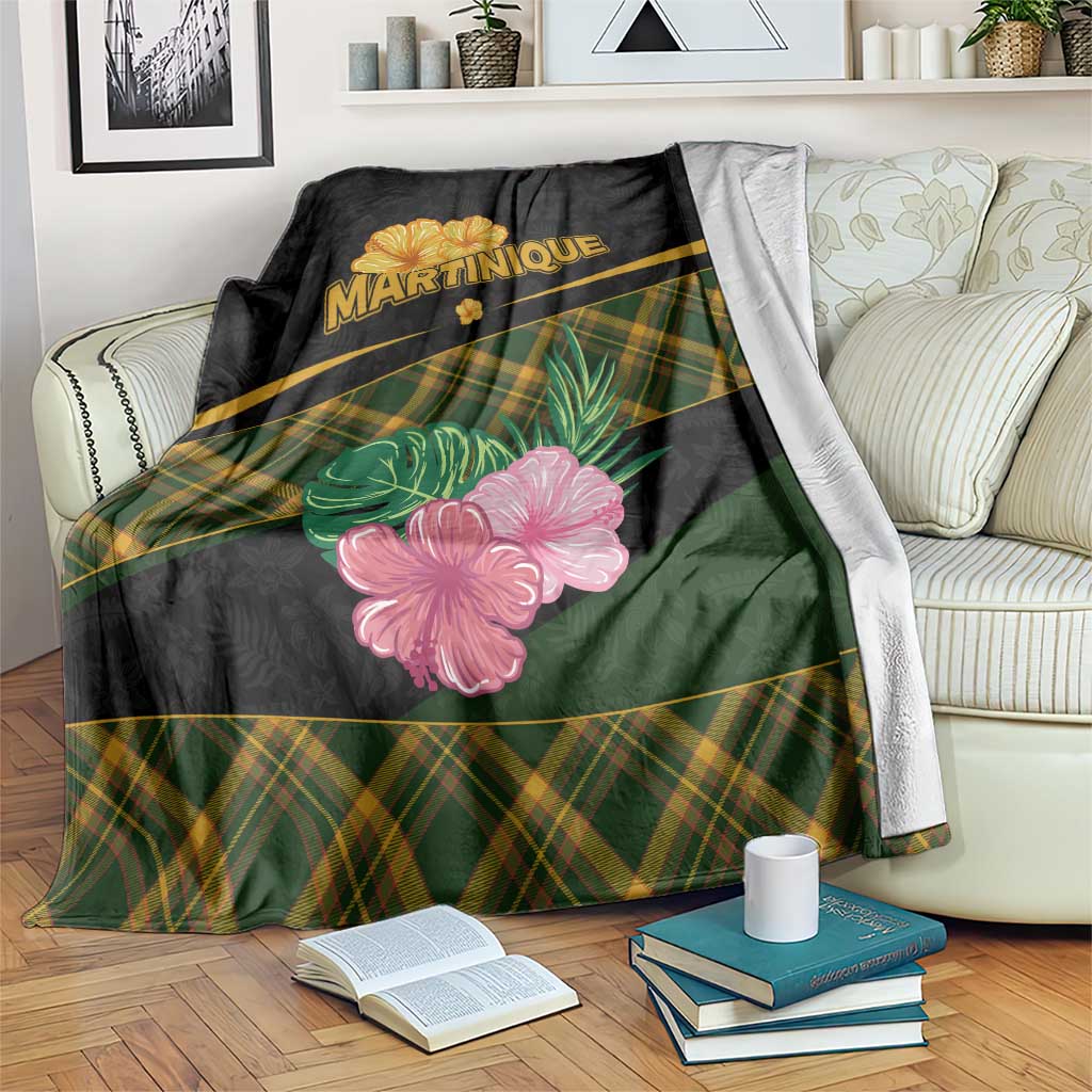 Martinique Heritage Blanket Hibiscus Floral Design with Green and Yellow Madras Tartan