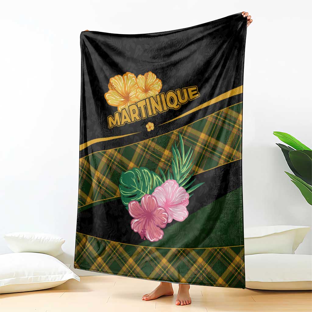 Martinique Heritage Blanket Hibiscus Floral Design with Green and Yellow Madras Tartan