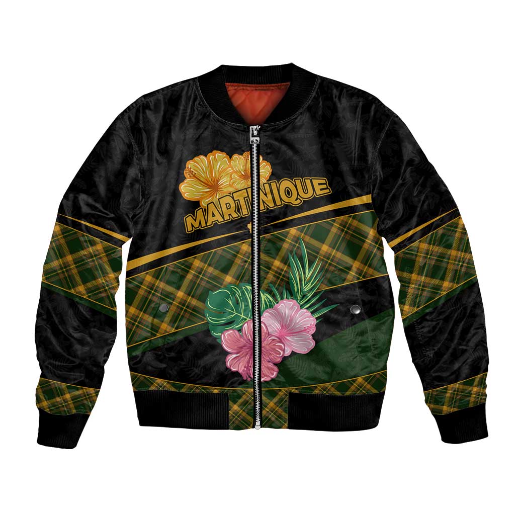 Martinique Heritage Bomber Jacket Hibiscus Floral Design with Green and Yellow Madras Tartan