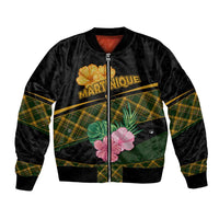 Martinique Heritage Bomber Jacket Hibiscus Floral Design with Green and Yellow Madras Tartan