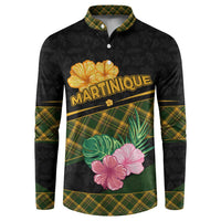 Martinique Heritage Button Sweatshirt Hibiscus Floral Design with Green and Yellow Madras Tartan