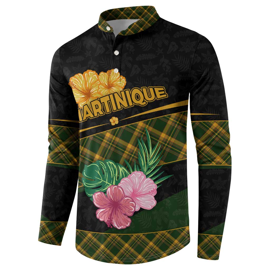 Martinique Heritage Button Sweatshirt Hibiscus Floral Design with Green and Yellow Madras Tartan