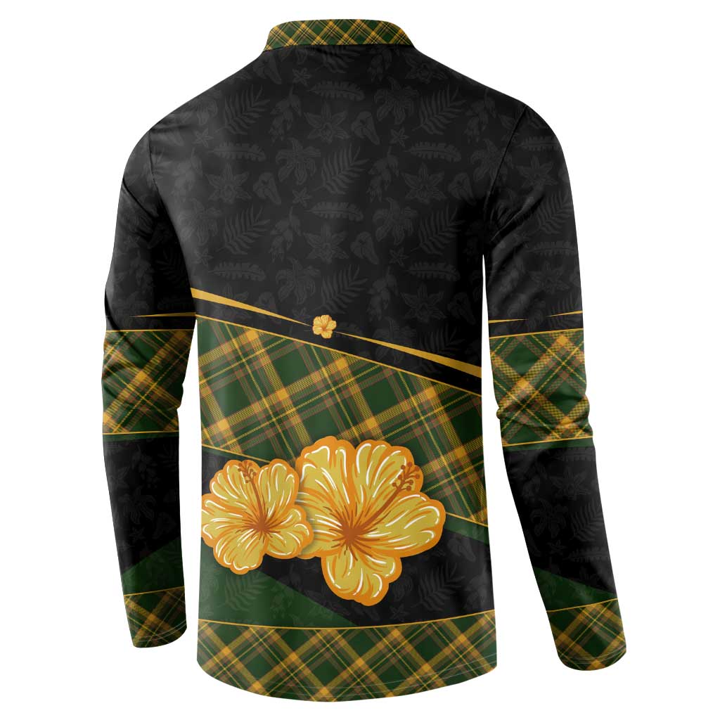 Martinique Heritage Button Sweatshirt Hibiscus Floral Design with Green and Yellow Madras Tartan