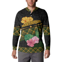 Martinique Heritage Button Sweatshirt Hibiscus Floral Design with Green and Yellow Madras Tartan