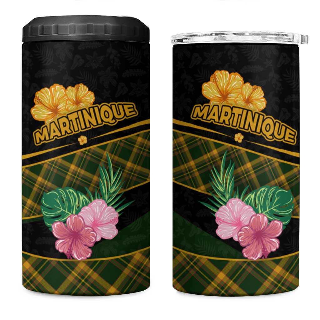 Martinique Heritage 4 in 1 Can Cooler Tumbler Hibiscus Floral Design with Green and Yellow Madras Tartan