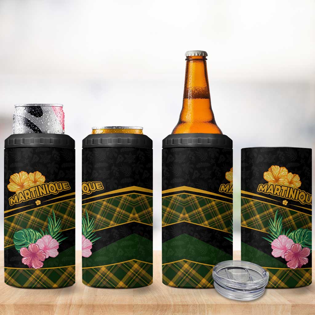 Martinique Heritage 4 in 1 Can Cooler Tumbler Hibiscus Floral Design with Green and Yellow Madras Tartan