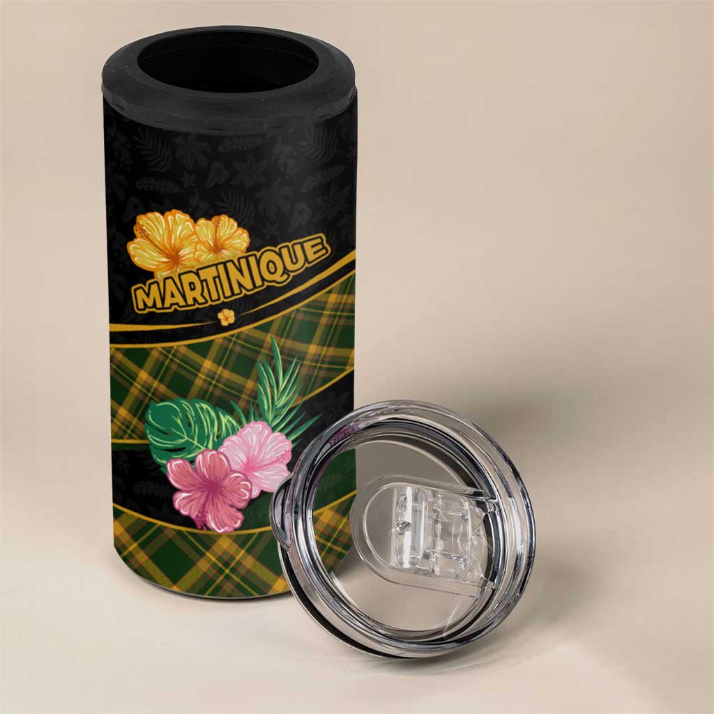 Martinique Heritage 4 in 1 Can Cooler Tumbler Hibiscus Floral Design with Green and Yellow Madras Tartan