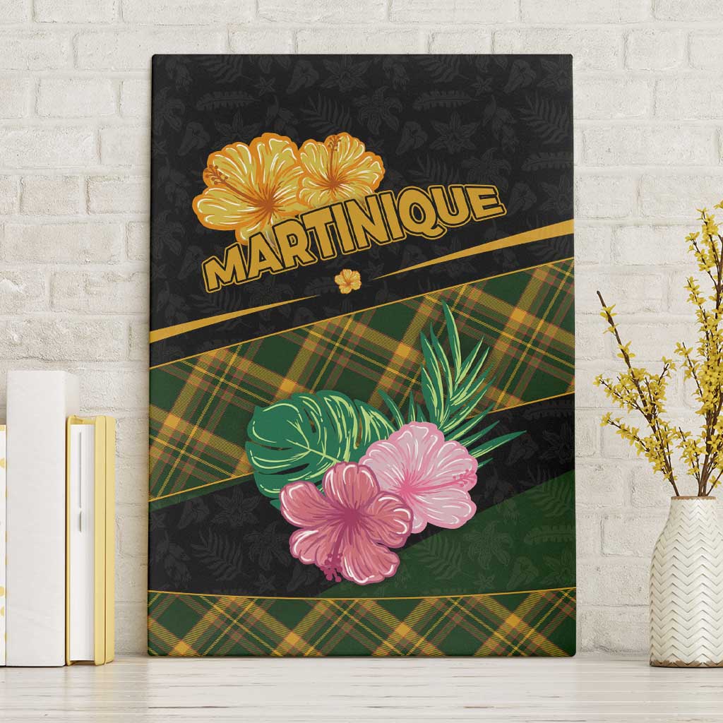 Martinique Heritage Canvas Wall Art Hibiscus Floral Design with Green and Yellow Madras Tartan