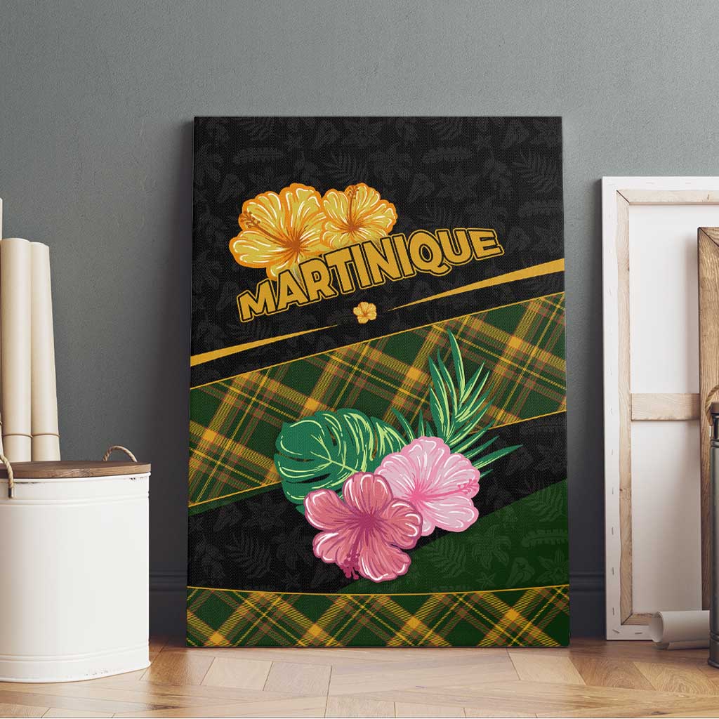 Martinique Heritage Canvas Wall Art Hibiscus Floral Design with Green and Yellow Madras Tartan