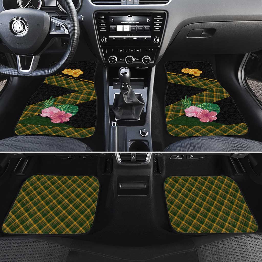 Martinique Heritage Car Mats Hibiscus Floral Design with Green and Yellow Madras Tartan