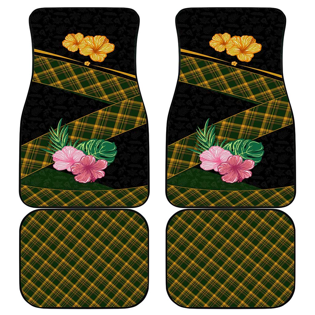 Martinique Heritage Car Mats Hibiscus Floral Design with Green and Yellow Madras Tartan