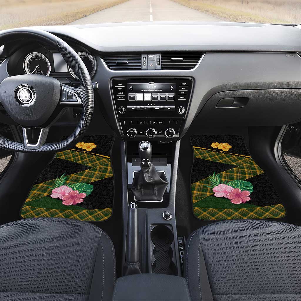Martinique Heritage Car Mats Hibiscus Floral Design with Green and Yellow Madras Tartan