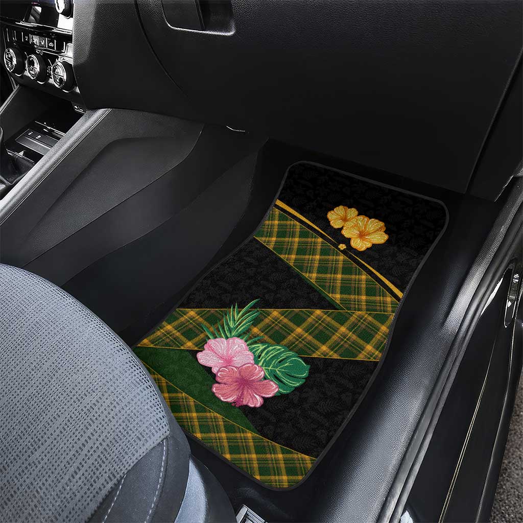Martinique Heritage Car Mats Hibiscus Floral Design with Green and Yellow Madras Tartan